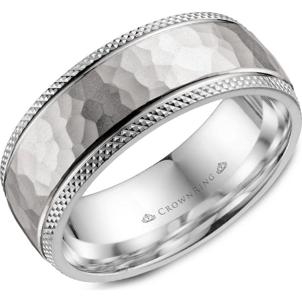 CrownRing Men's Wedding Band - Hammered Finish with Diamond-Cut Milgrain Edges in 14K White Gold - 8mm Width from the Carved Collection