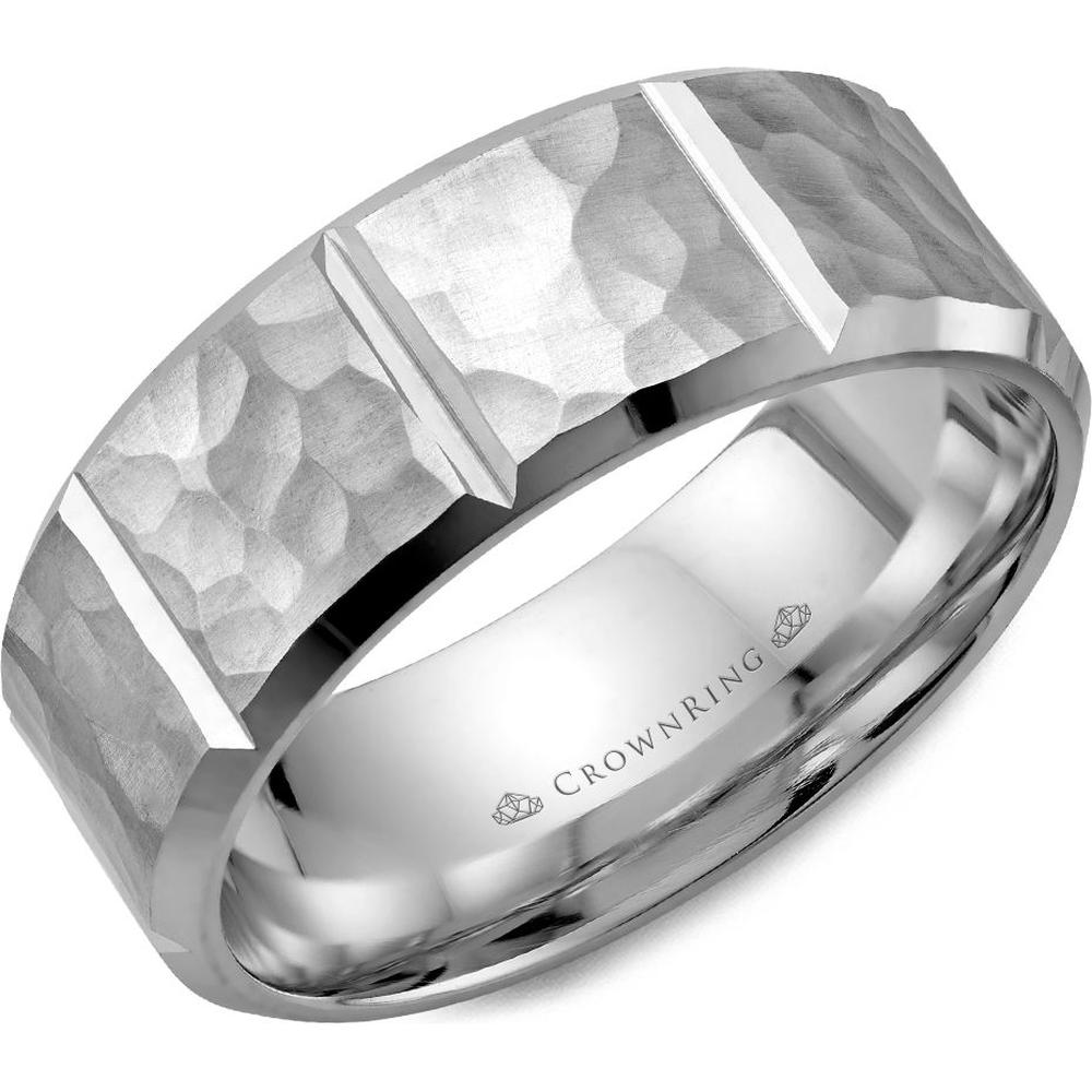 CrownRing Men's Wedding Band - Hammered Finish with Geometric Polished Dividers in 14K White Gold - 8mm Width from the Carved Collection