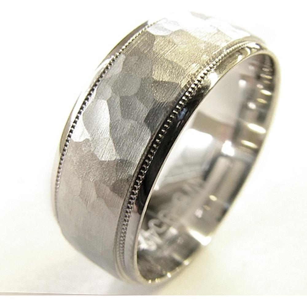 CrownRing Men's Wedding Band - Hammered Finish with Milgrain Detailing in 14K White Gold - 8mm Width from the Carved Collection