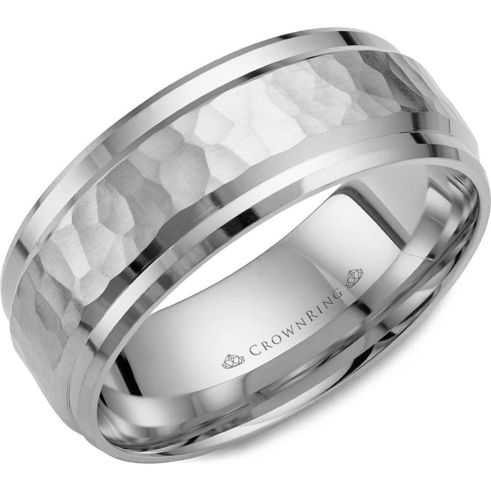 CrownRing Men's Wedding Band - Hammered Finish with Polished Double Ridges in 14K White Gold - 8mm Width from the Carved Collection