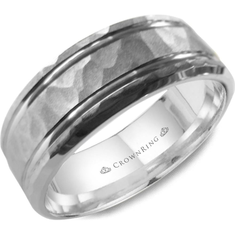 CrownRing Men's Wedding Band - Hammered Finish with Polished Dual Ridges in 14K White Gold - 7.5mm Width from the Carved Collection