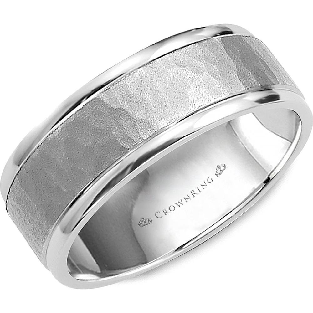 CrownRing Men's Wedding Band - Hammered Finish with Polished Edges in 14K Light Version White Gold - 7mm Width from the Classic Collection