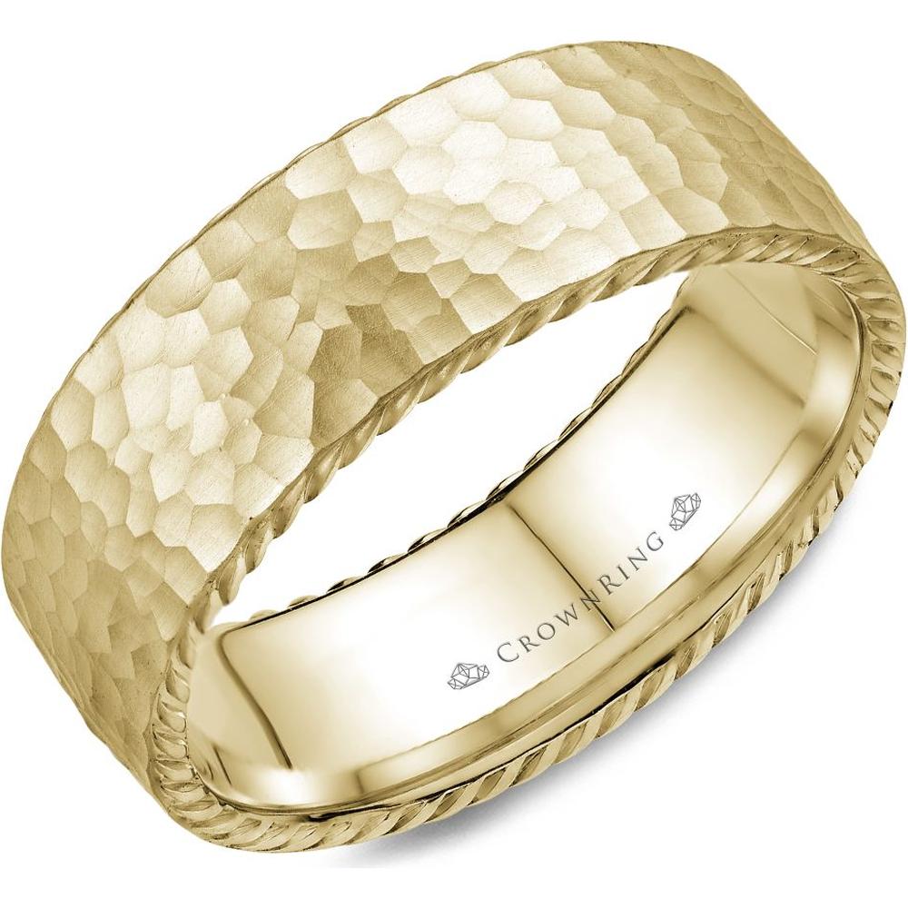 CrownRing Men's Wedding Band - Hammered Finish with Rope-Edge Detailing in 14K Yellow Gold - 8mm Width from the Carved Collection