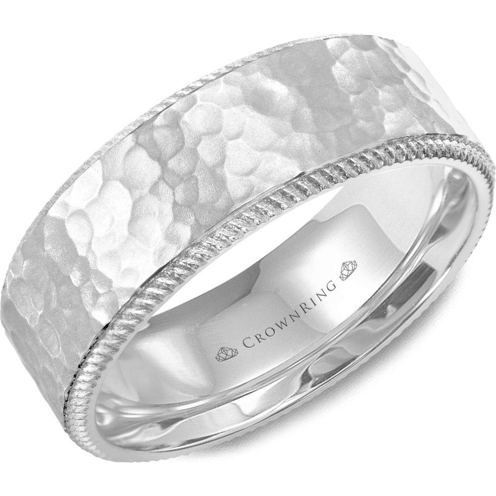 CrownRing Men's Wedding Band - Hammered Finish with Rope Edging in 14K White Gold - 9mm Width from the Carved Collection