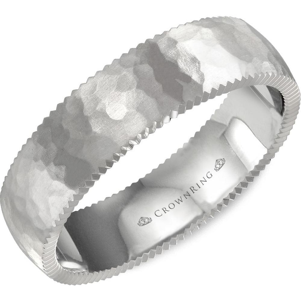 CrownRing Men's Wedding Band - Hammered Finish with Serrated Edge Detailing in 14K White Gold - 6mm Width from the Carved Collection