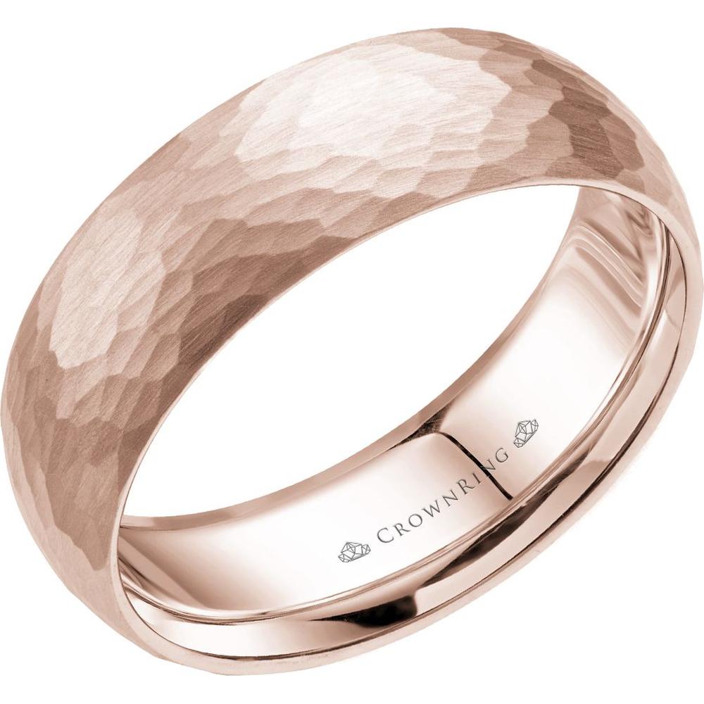 CrownRing Men's Wedding Band - Hammered Texture with Subtle Tapered Design in 14K Rose Gold - 7mm Width from the Carved Collection