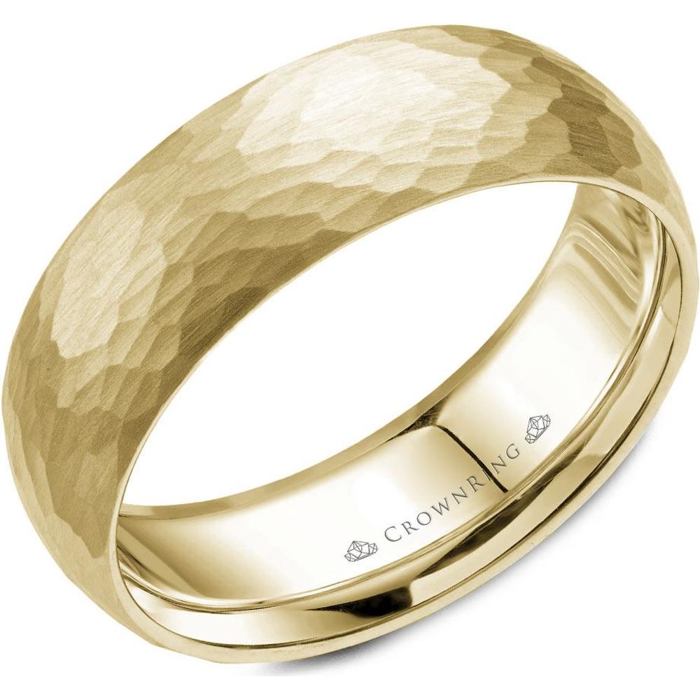 CrownRing Men's Wedding Band - Hammered Texture with Subtle Tapered Design in 14K Yellow Gold - 7mm Width from the Carved Collection