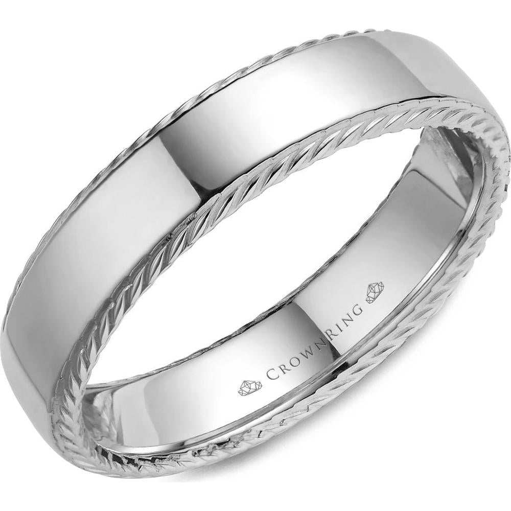 CrownRing Men's Wedding Band - High-Polish Finish with Rope-Edge Design in 14K White Gold - 6mm Width from the Carved Collection
