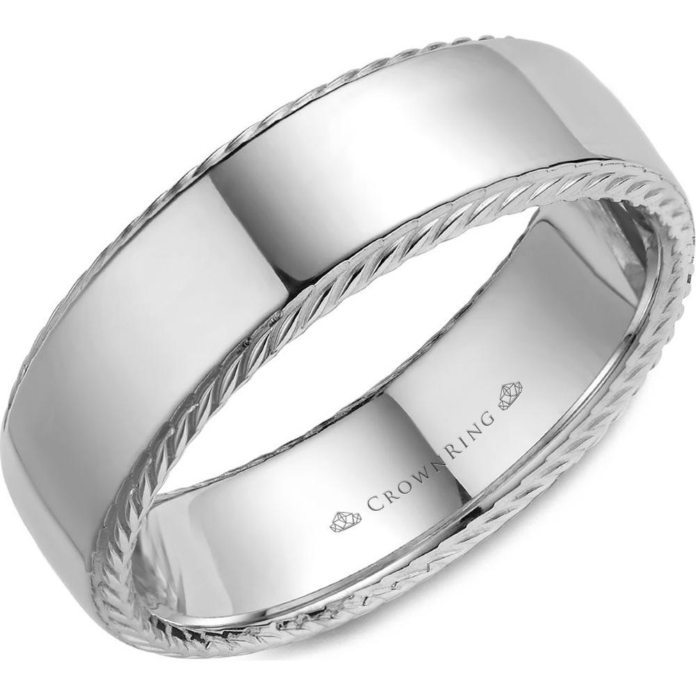 CrownRing Men's Wedding Band - High-Polish Finish with Rope-Edge Design in 14K White Gold - 7mm Width from the Carved Collection
