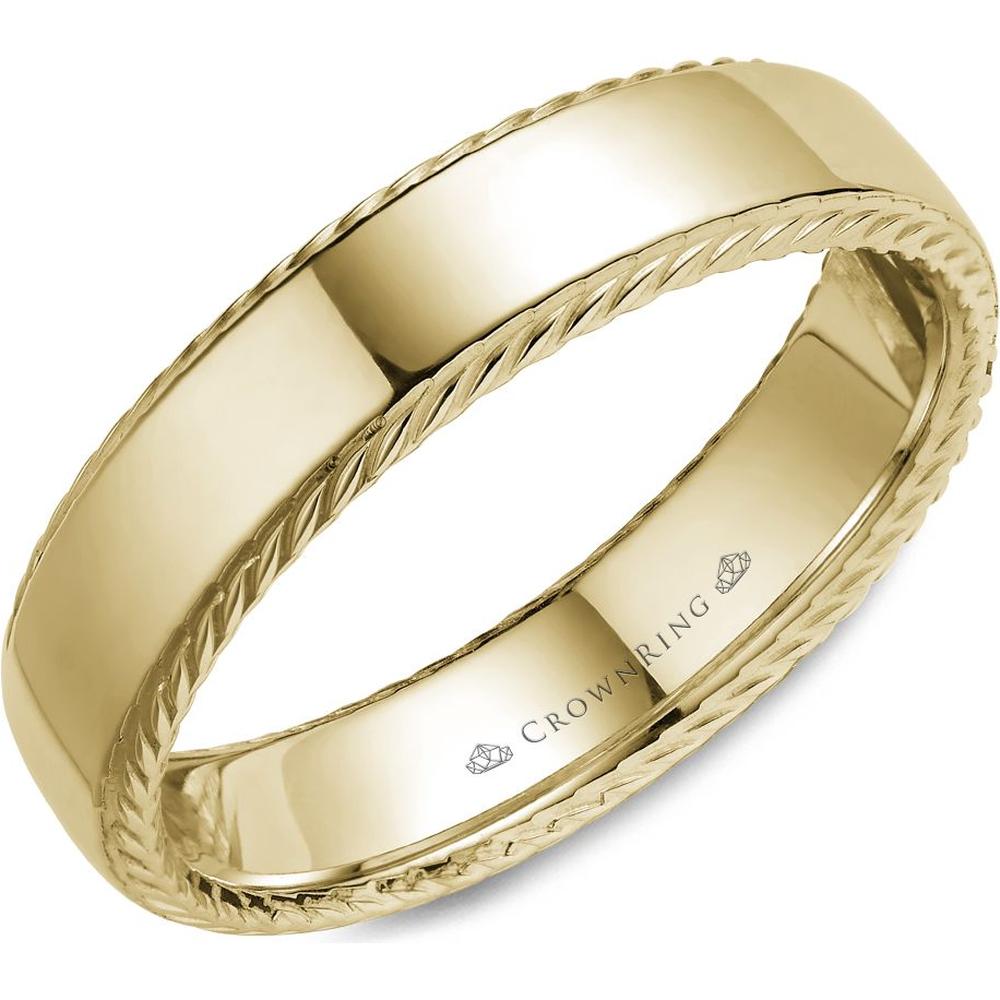 CrownRing Men's Wedding Band - High-Polish Finish with Rope-Edge Design in 14K Yellow Gold - 6mm Width from the Carved Collection