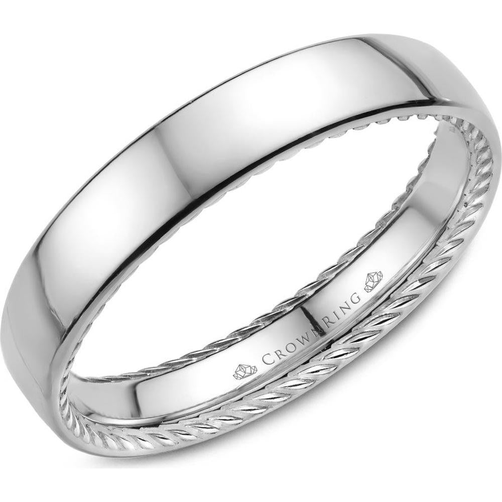 CrownRing Men's Wedding Band - High Polish Finish with Twisted Rope Detailing in 14K White Gold - 4mm Width from the Carved Collection