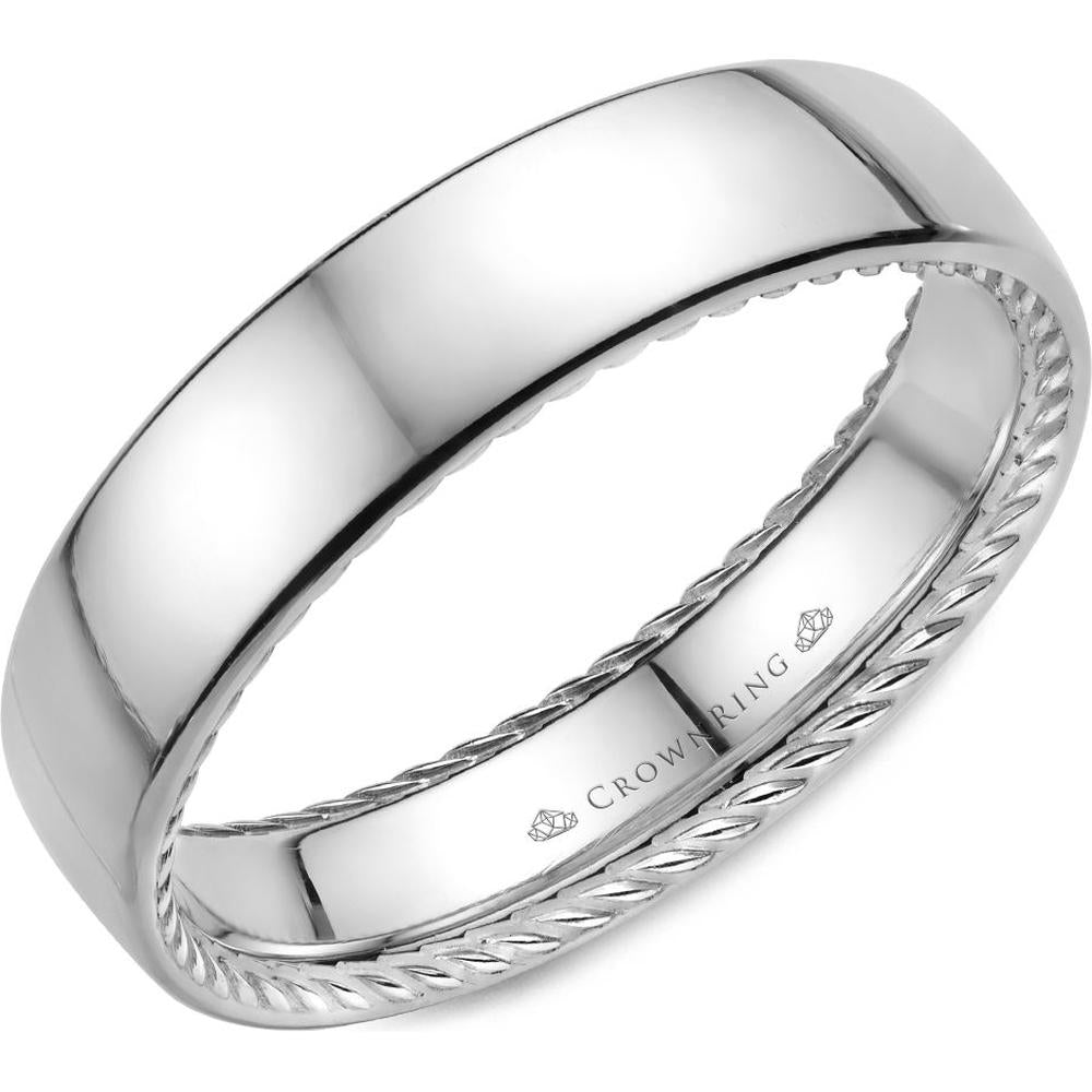 CrownRing Men's Wedding Band - High Polish Finish with Twisted Rope Detailing in 14K White Gold - 6mm Width from the Carved Collection