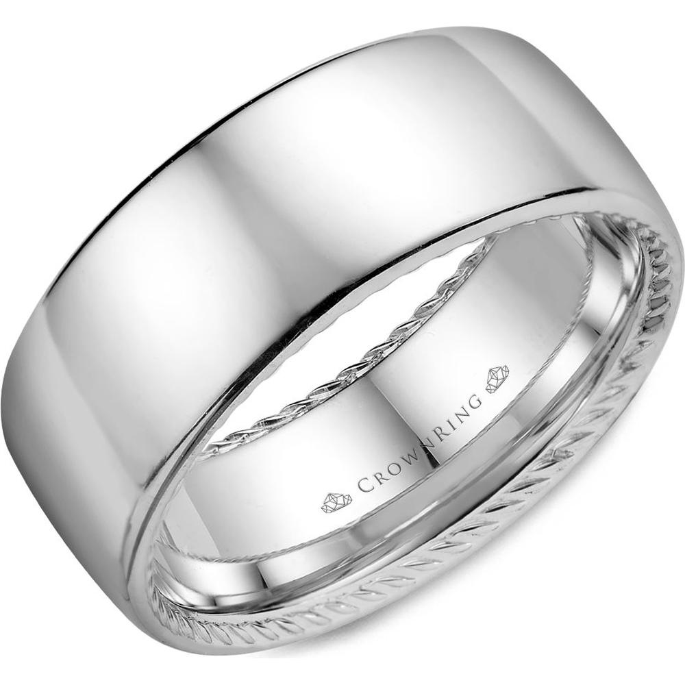 CrownRing Men's Wedding Band - High Polish Finish with Twisted Rope Detailing in 14K White Gold - 9mm Width from the Carved Collection
