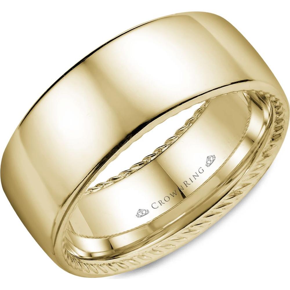 CrownRing Men's Wedding Band - High Polish Finish with Twisted Rope Detailing in 14K Yellow Gold - 9mm Width from the Carved Collection