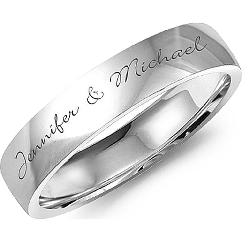 CrownRing Men's Wedding Band - High Polished Engraved Band with Custom Script in 14K White Gold - 4mm Width from the Carved Collection