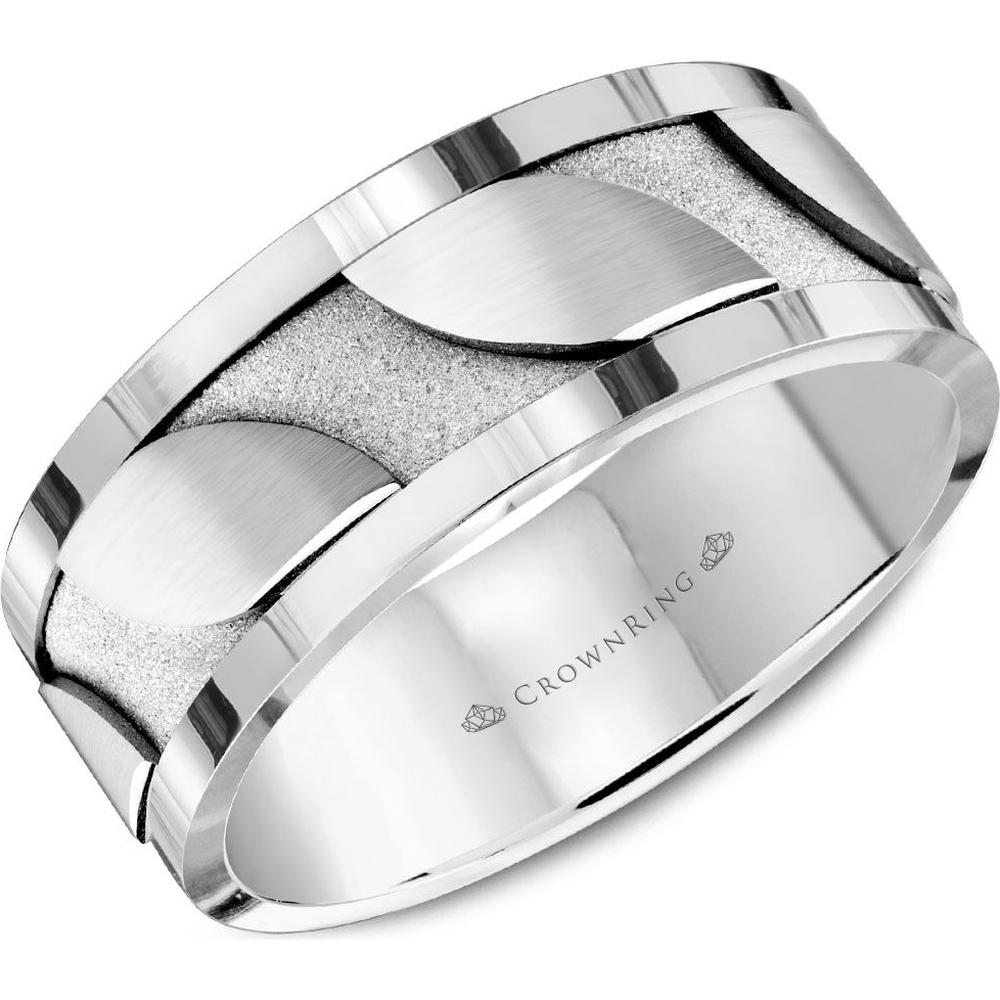 CrownRing Men's Wedding Band - Leaf Brushed Design with Sandblasted Texture and Polished Edges in 14K White Gold - 8mm Width from the Carved Collection