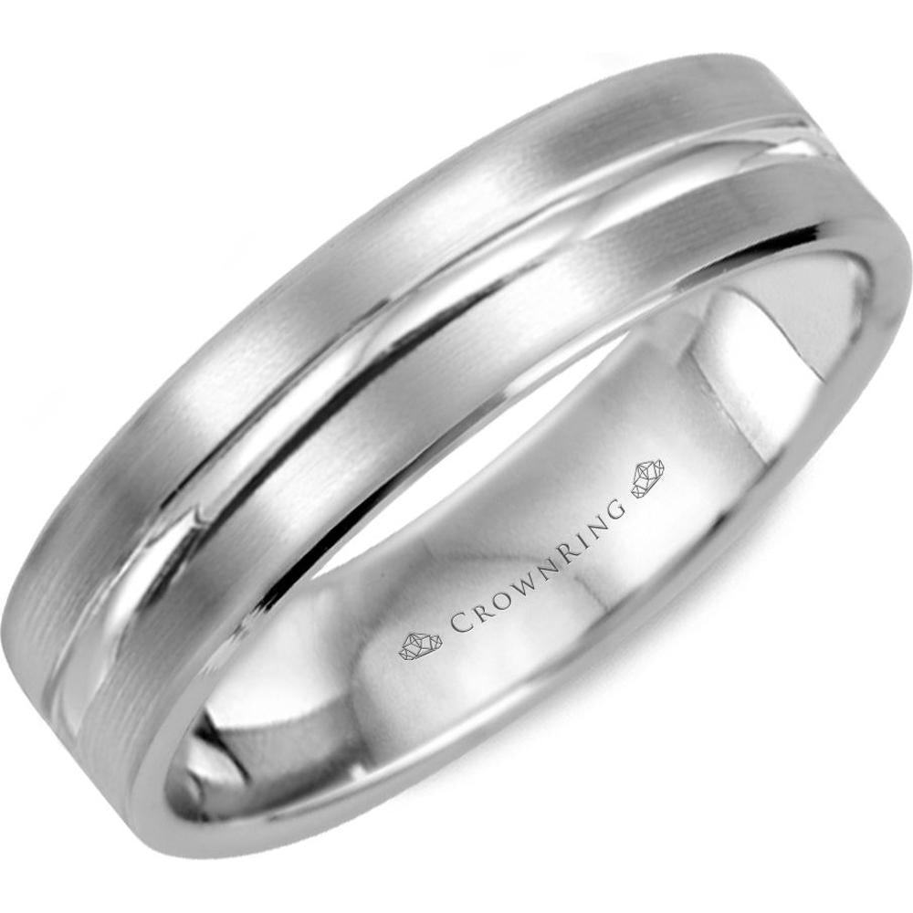 CrownRing Men's Wedding Band - Matte Brushed Finish with Polished Grooved Detailing in 14K Light Version White Gold - 5.5mm Width from the Classic Collection