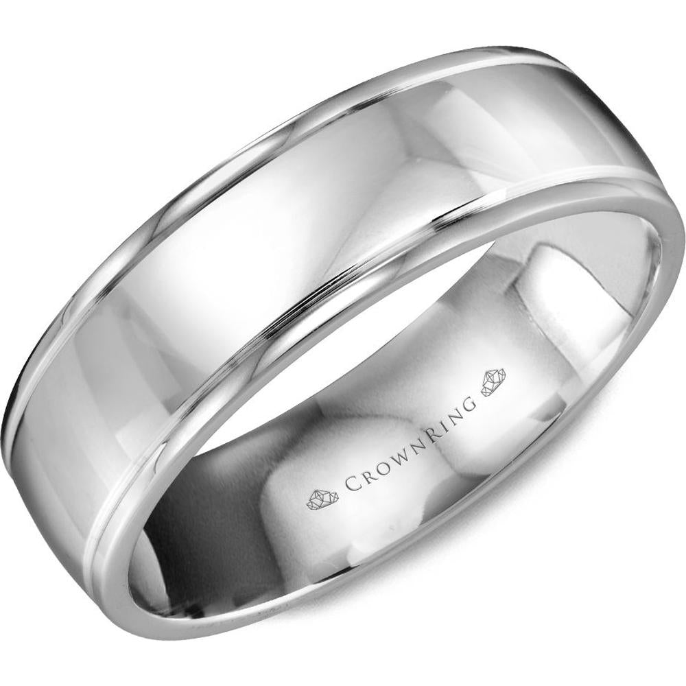 CrownRing Men's Wedding Band - Polished Finish with Two Edge Grooves in 14K White Gold - 6.5mm Width from the Classic Collection