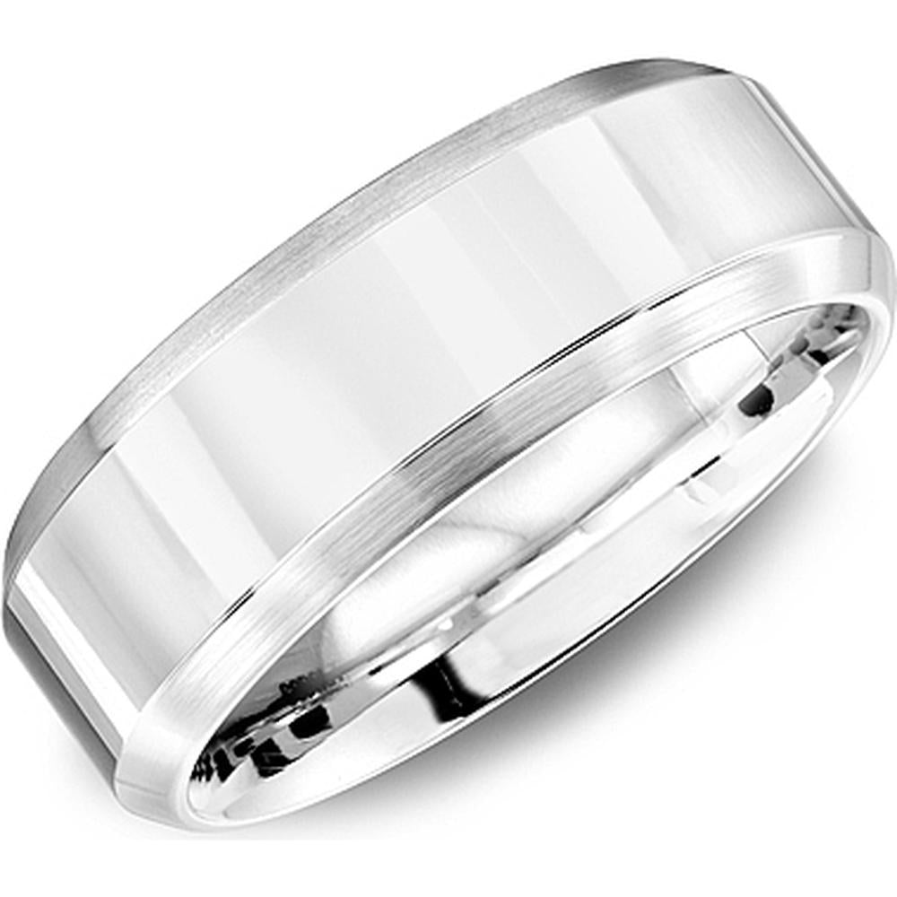 CrownRing Men's Wedding Band - Polished Flat Center Band with  Satin Beveled Edge in 14K Light Version White Gold - 7mm Width from the Classic Collection