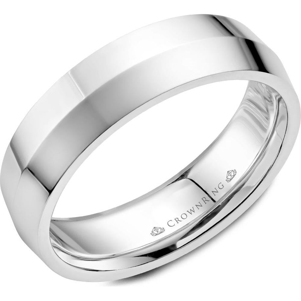 CrownRing Men's Wedding Band - Polished Flat Faceted Band Design in 14K White Gold - 6mm Width from the Carved Collection