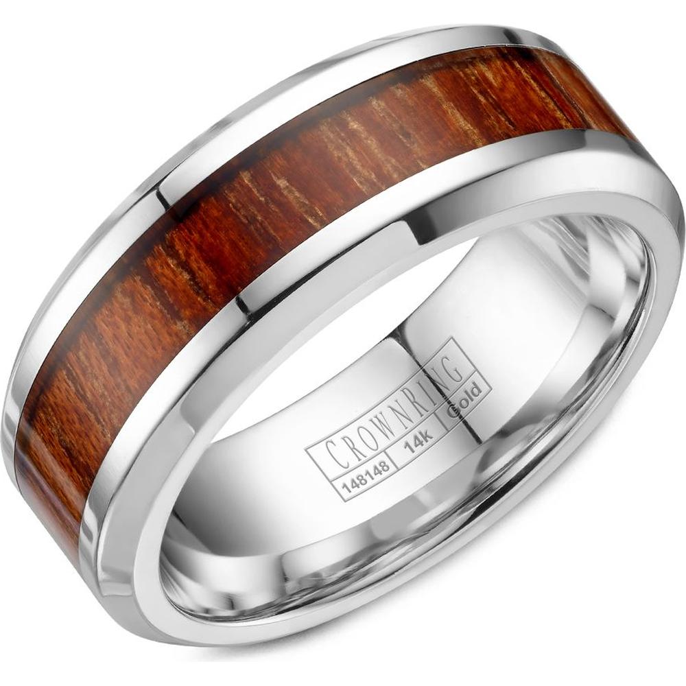 CrownRing Men's Wedding Band - Polished Wood Inlay with Smooth Beveled Edges in 14K White Gold - 8mm Width from the Carved Collection