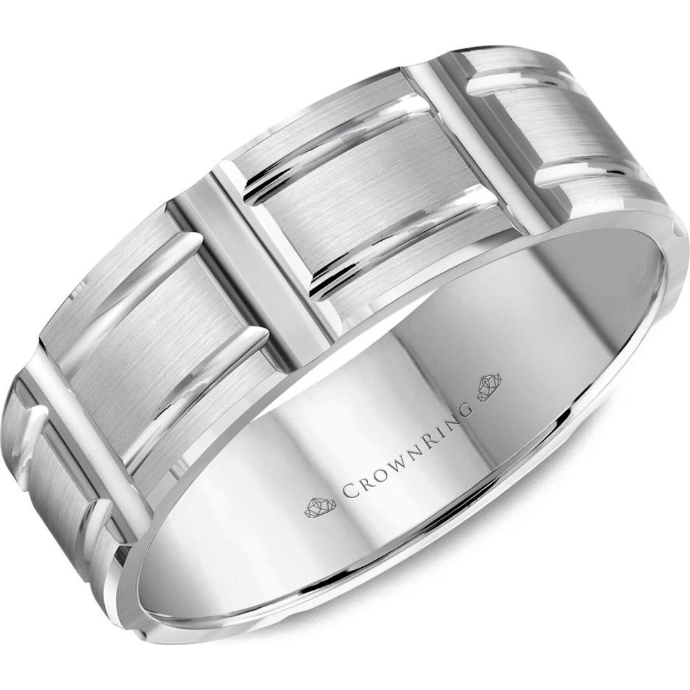 CrownRing Men's Wedding Band - Rectangular Brushed Panels with Polished Grooves Design in 14K White Gold - 7mm Width from the Carved Collection