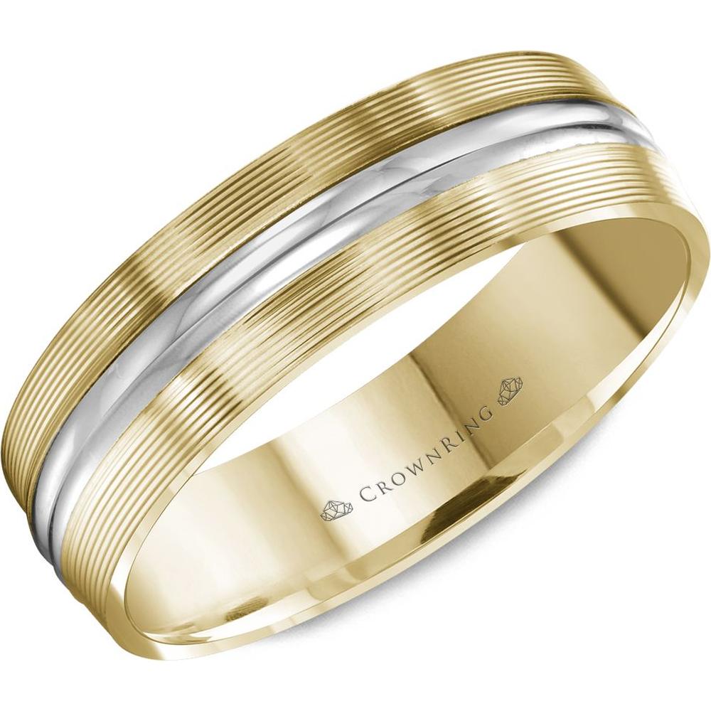 CrownRing Men's Wedding Band - Ribbed Design with Polished White Gold Inlay and Yellow Gold Edges in 14K Yellow and White Gold - 6mm Width from the Carved Collection