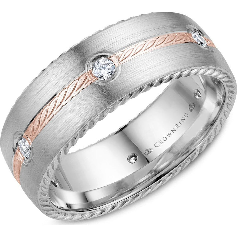 CrownRing Men's Wedding Band - Rope Collection 14K Rose Gold and White Gold with Bezel-Set Round Diamonds - 0.23 Carat Total Diamond Weight - 8mm Width from the Diamond Collection