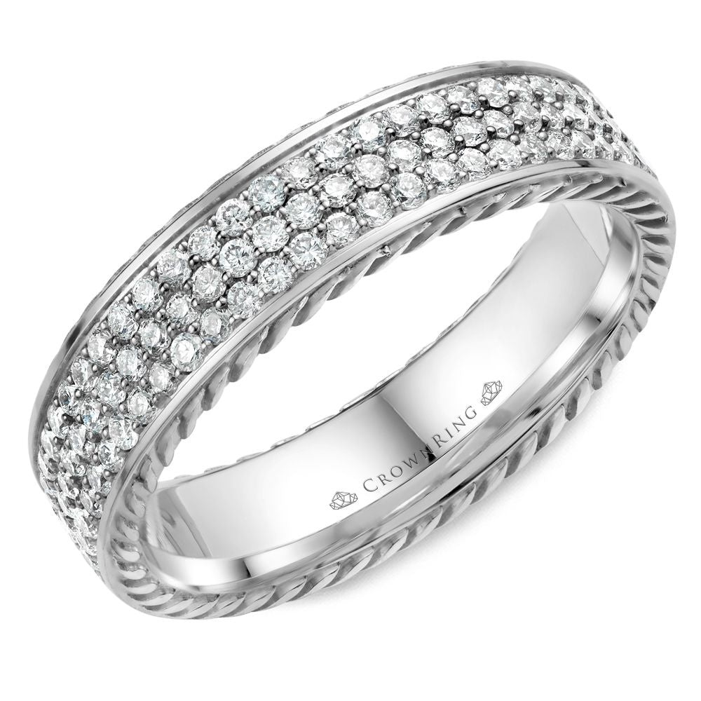 CrownRing Men's Wedding Band - Rope Collection 14K White Gold Semi-Eternity B and with Pavé Round Diamonds - 0.51 Carat Total Diamond Weight - 5mm Width from the Diamond Collection