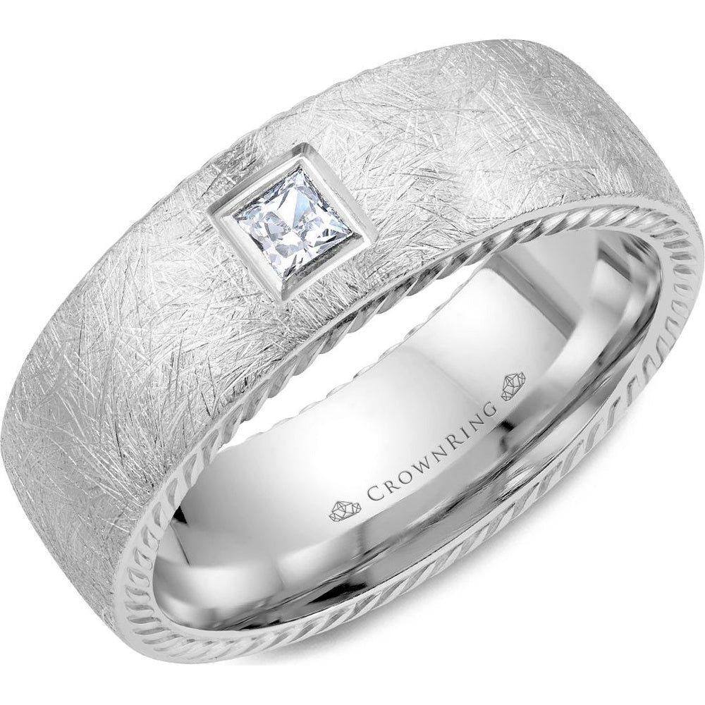 CrownRing Men's Wedding Band - Rope Collection 14K White Gold with Bezel-Set Princess Cut Diamond - 0.15 Carat Total Diamond Weight - 8mm Width from the Diamond Collection