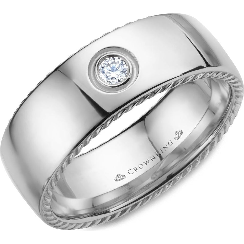CrownRing Men's Wedding Band - Rope Collection 14K White Gold with Bezel-Set Round Diamond - 0.1 Carat Total Diamond Weight - 8mm Width from the Diamond Collection