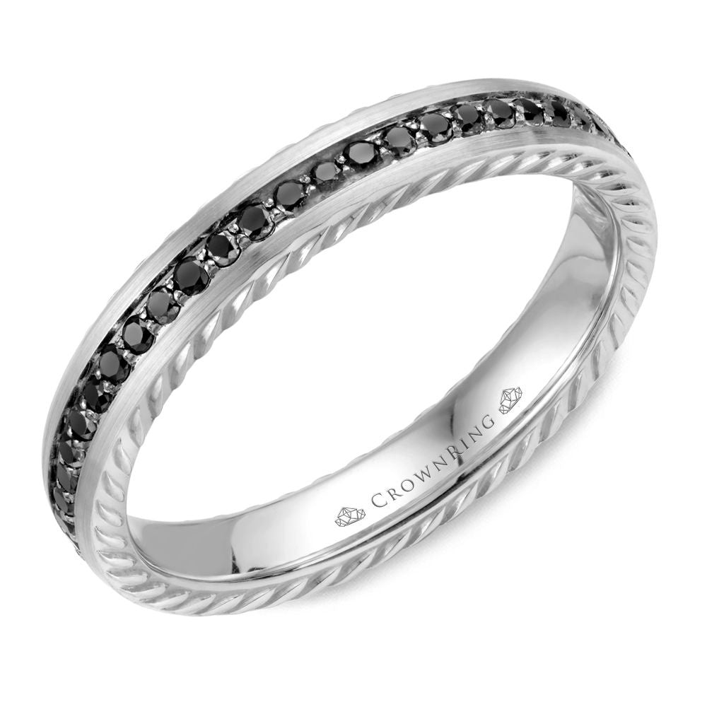 CrownRing Men's Wedding Band - Rope Collection 14K White Gold with Black Round Diamonds and Sandpaper Finish- 0.33 Carat Total Diamond Weight - 3.5mm Width from the Diamond Collection