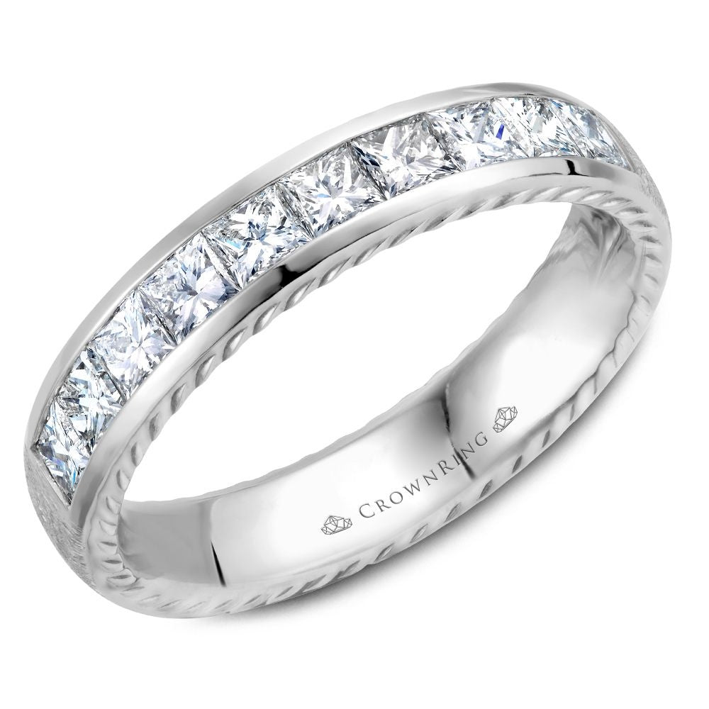 CrownRing Men's Wedding Band - Rope Collection 14K White Gold with Channel-Set Princess Cut Diamonds - 1.01 Carat Total Diamond Weight - 4.5mm Width from the Diamond Collection