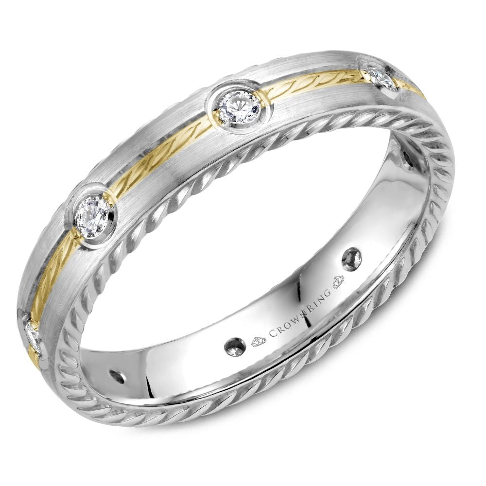 CrownRing Men's Wedding Band - Rope Collection 14K Yellow Gold and White Gold with Bezel-Set Round Diamonds - 0.20 Carat Total Diamond Weight - 4mm Width from the Diamond Collection