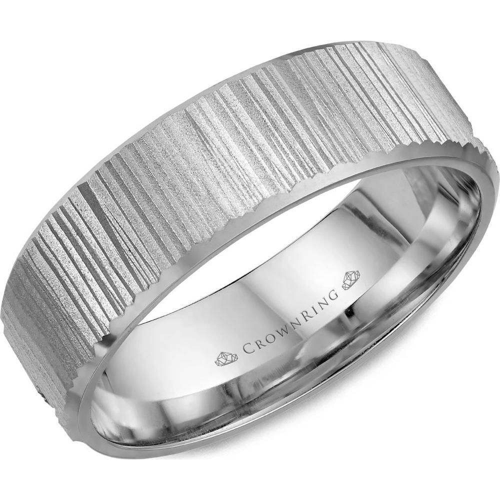 CrownRing Men's Wedding Band - Rugged Textured Center with Serrated Edge and Polished Interior in 14K White Gold - 6mm Width from the Carved Collection