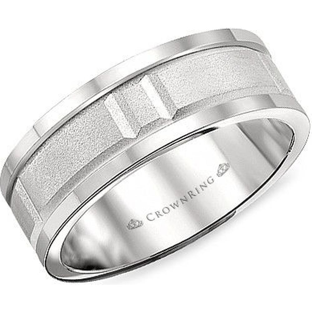 CrownRing Men's Wedding Band - Sandblast Finish with Polished Step-Down Edges in 14K White Gold - 8mm Width from the Carved Collection
