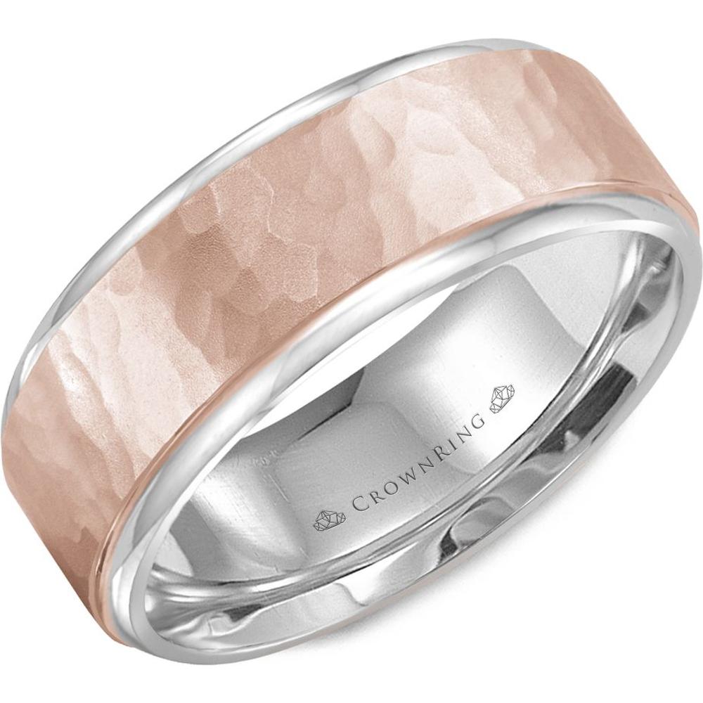 CrownRing Men's Wedding Band - Sandblast Hammered Finish with Polished Edges in 14K Rose and White Gold - 8mm Width from the Carved Collection