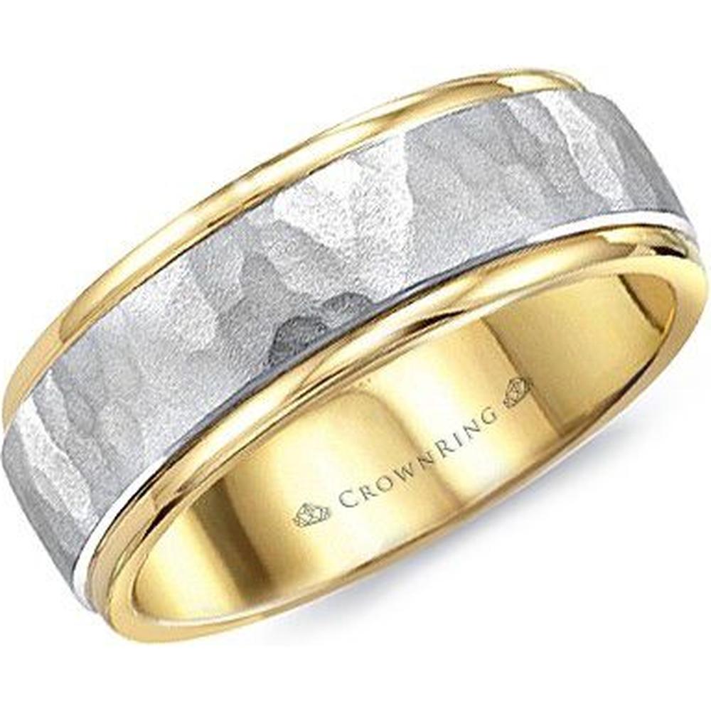 CrownRing Men's Wedding Band - Sandblast Hammered Finish with Polished Edges in 14K Yellow and White Gold - 6mm Width from the Carved Collection