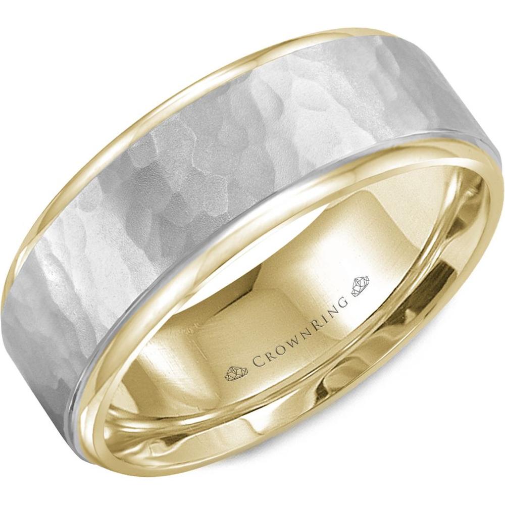 CrownRing Men's Wedding Band - Sandblast Hammered Finish with Polished Edges in 14K Yellow and White Gold - 8mm Width from the Carved Collection