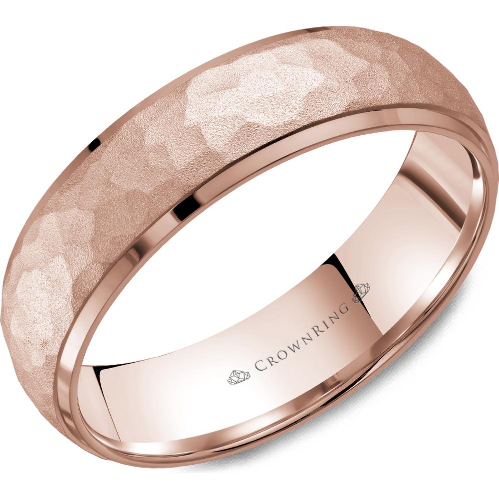CrownRing Men's Wedding Band - Sandblast Hammered Matte Band with High Polish Edges in 14K White Gold - 6mm Width from the Carved Collection