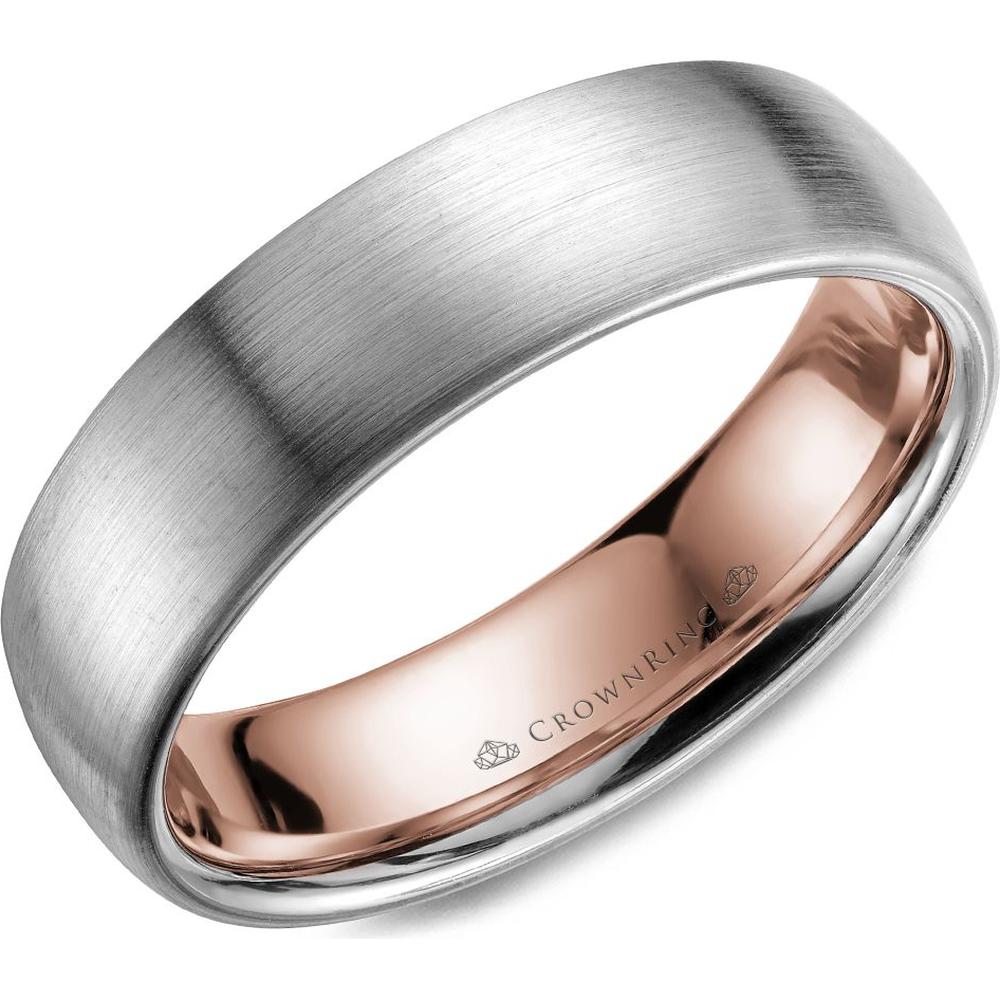 CrownRing Men's Wedding Band - Satin Brushed Finish with Subtle Rounded Edge in 14K White Gold and Rose Gold - 6mm Width from the Classic Collection