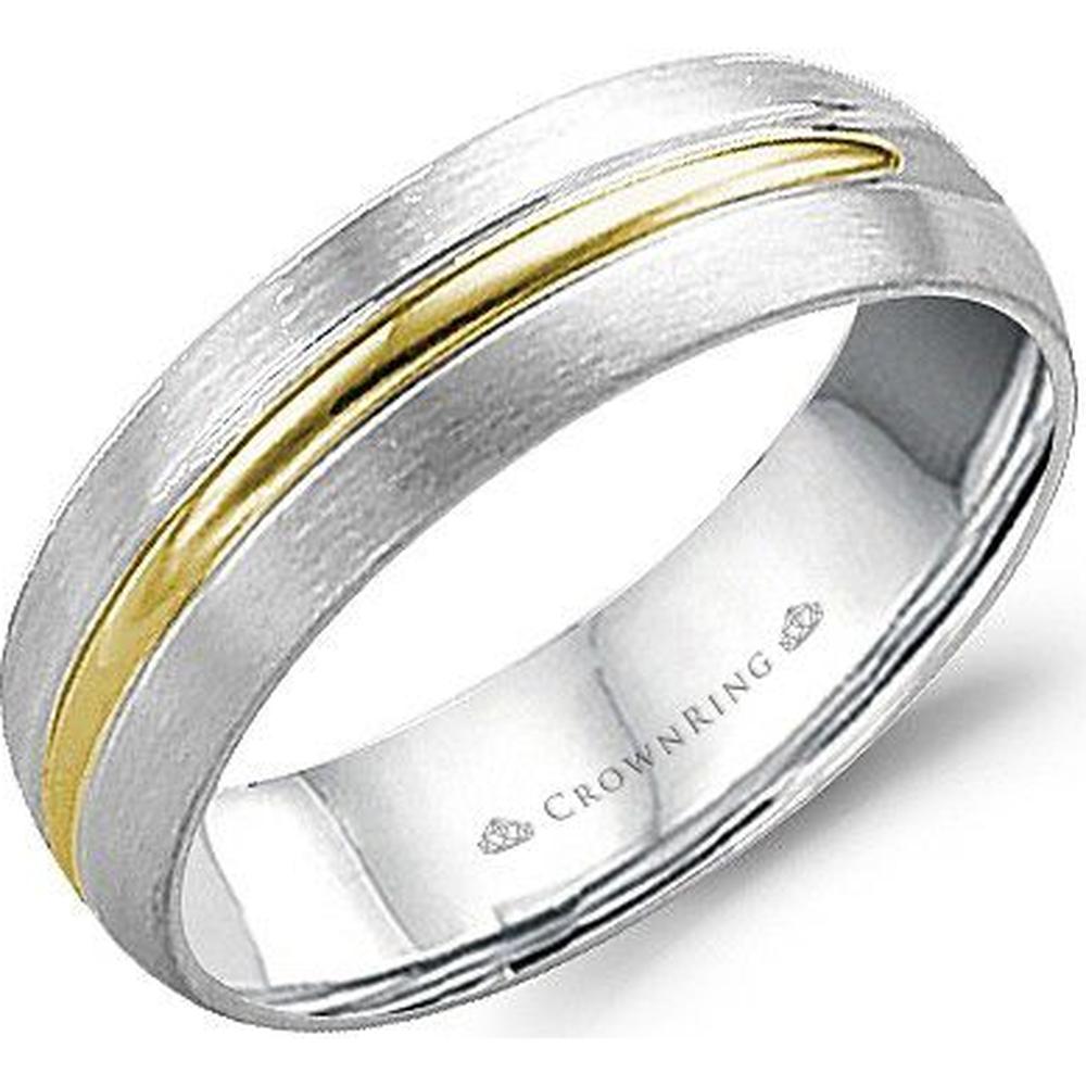 CrownRing Men's Wedding Band -  Satin Finish Band with Polished Center Strip Detailing in 14K White Gold and Yellow Gold - 6mm Width from the Classic Collection