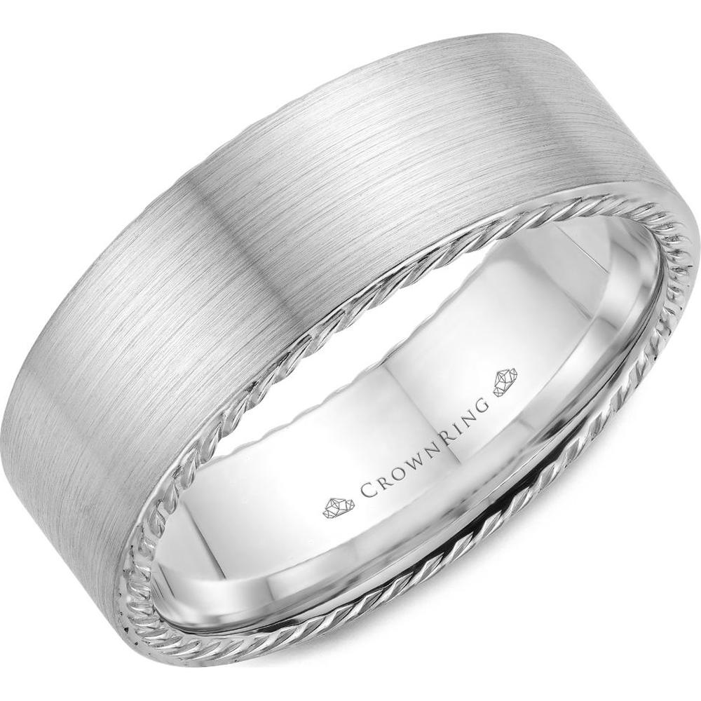 CrownRing Men's Wedding Band - Satin Finish with Braided Rope Edging in 14K White Gold - 8mm Width from the Carved Collection