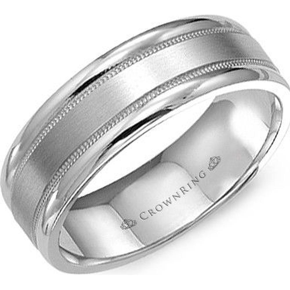 CrownRing Men's Wedding Band - Satin Finish with Milgrain Detailing in 14K White Gold - 7mm Width from the Classic Collection