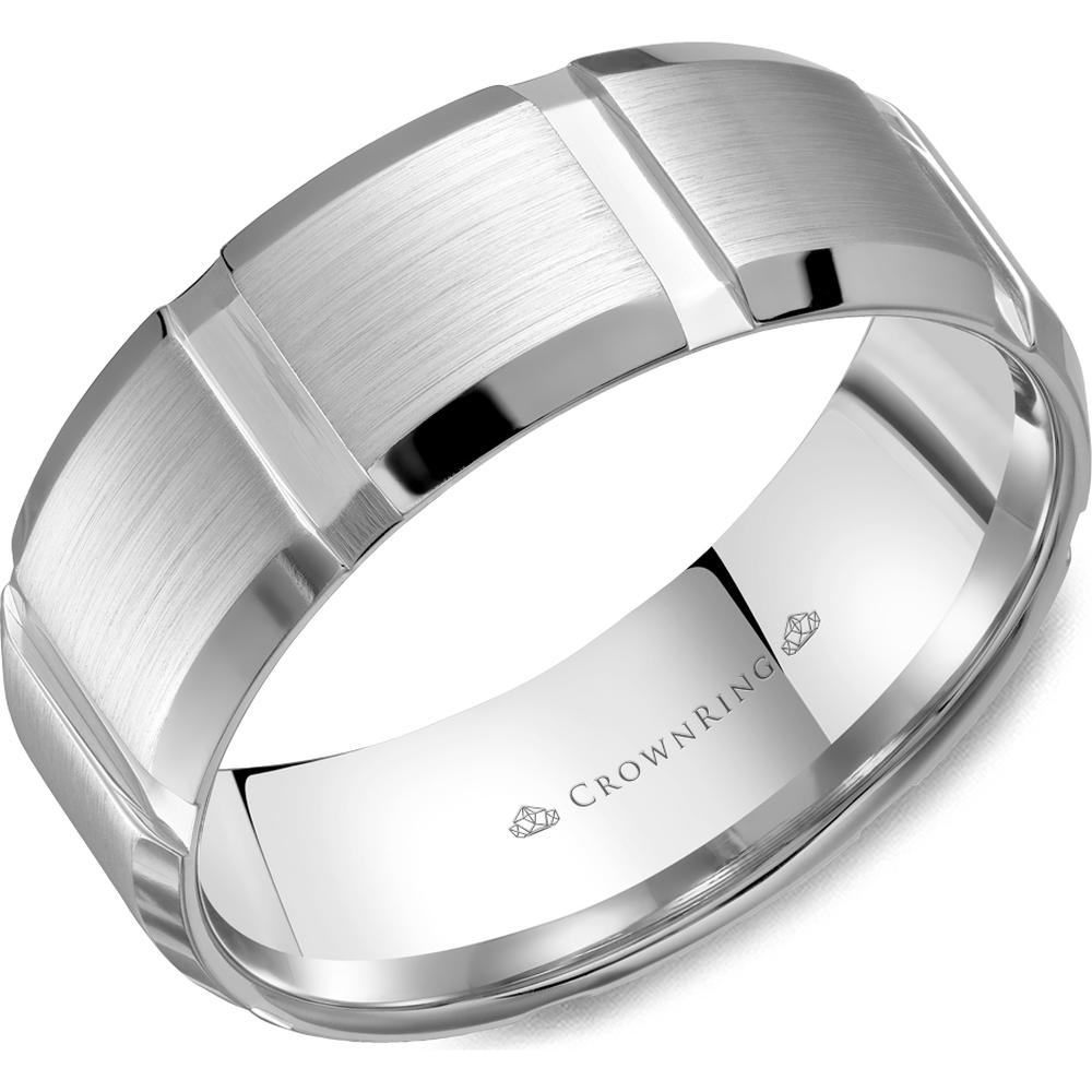 CrownRing Men's Wedding Band - Segmented Brushed Panels with Polished Dividers in 14K White Gold - 8mm Width from the Carved Collection