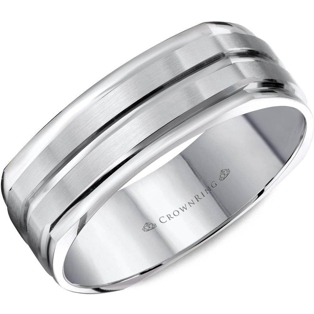 CrownRing Men's Wedding Band - Soft Square Dual Grooved Design with Brushed Finish and Polished Edges in 14K White Gold - 7mm Width from the Carved Collection