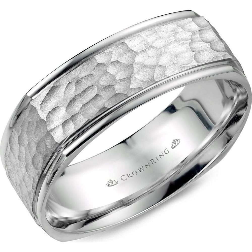 CrownRing Men's Wedding Band - Soft Square Shape with Hammered Satin Center with Polished Beveled Edges in 14K White Gold - 7mm Width from the Carved Collection