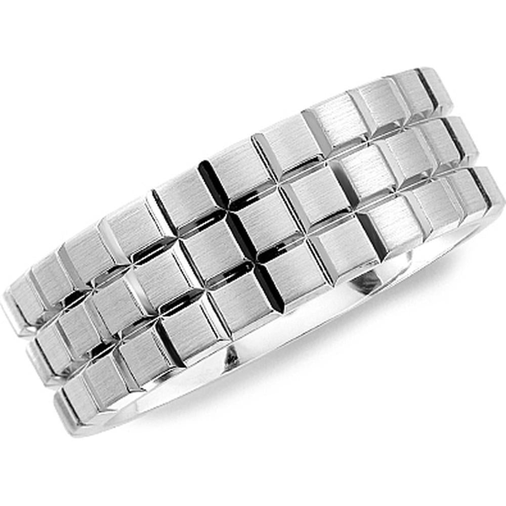 CrownRing Men's Wedding Band - Square Block Design with Brushed Finish in 14K White Gold - 7.5mm Width from the Carved Collection