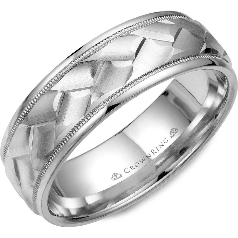 CrownRing Men's Wedding Band - Textured Braid Pattern with Milgrain Edges in 14K White Gold - 7mm Width from the Carved Collection
