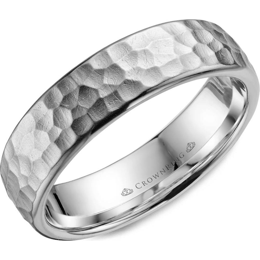 CrownRing Men's Wedding Band - Textured Hammered Finish with Subtle Polished Edges in 14K White Gold - 6mm Width from the Carved Collection